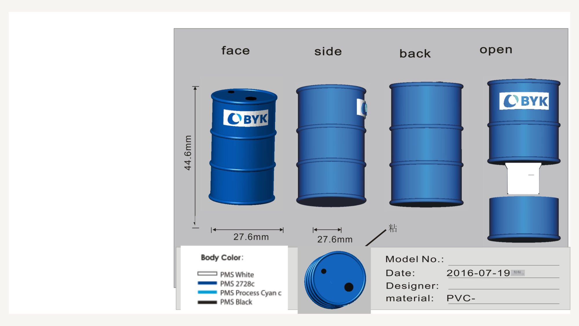 Dimensioned production drawing of a moulded PVC industrial drum shape in a metalised finish