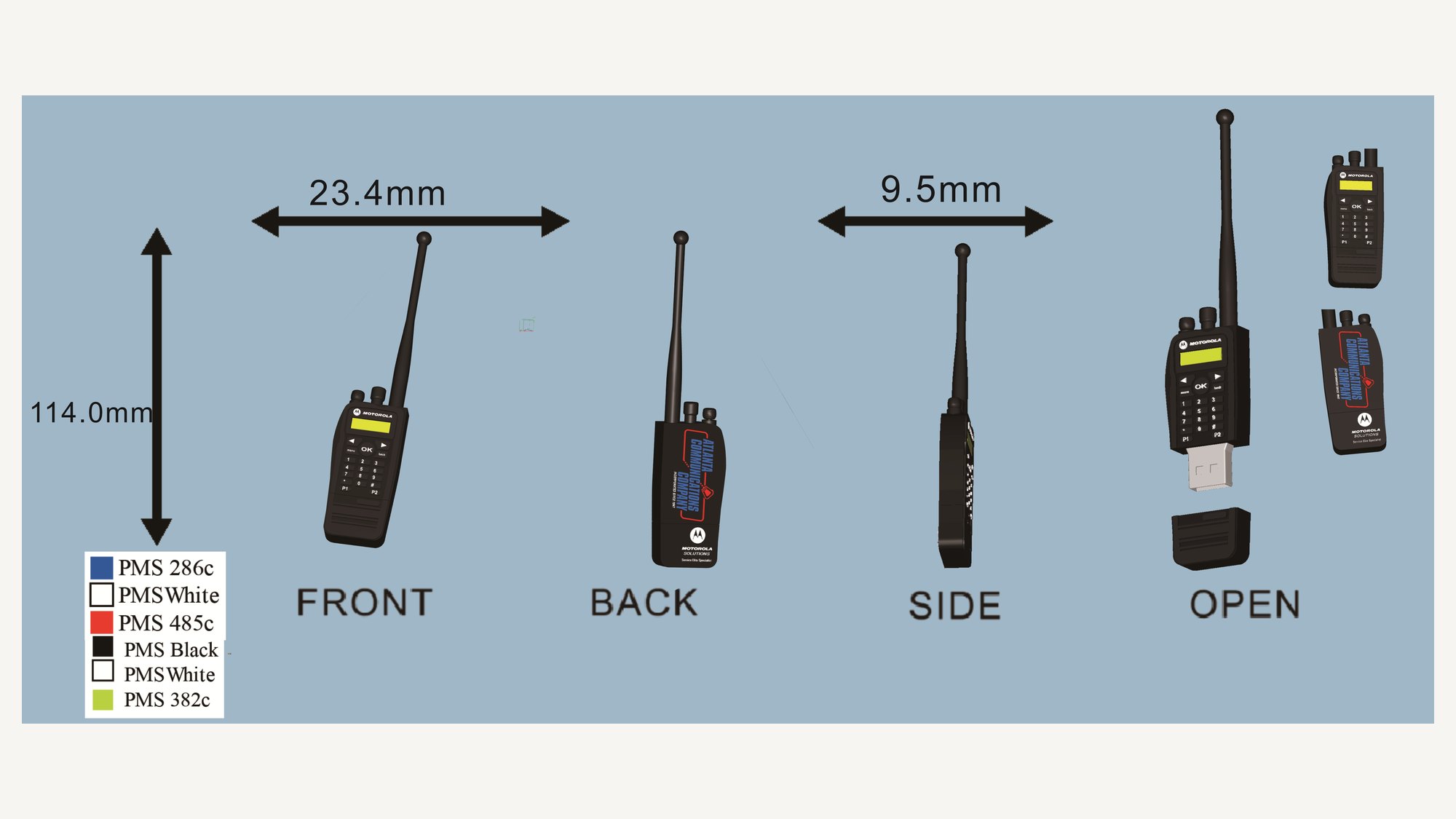Dimensioned production drawing showing front, back, side and open views of a moulded PVC two-way radio shape with a Pantone colour reference table