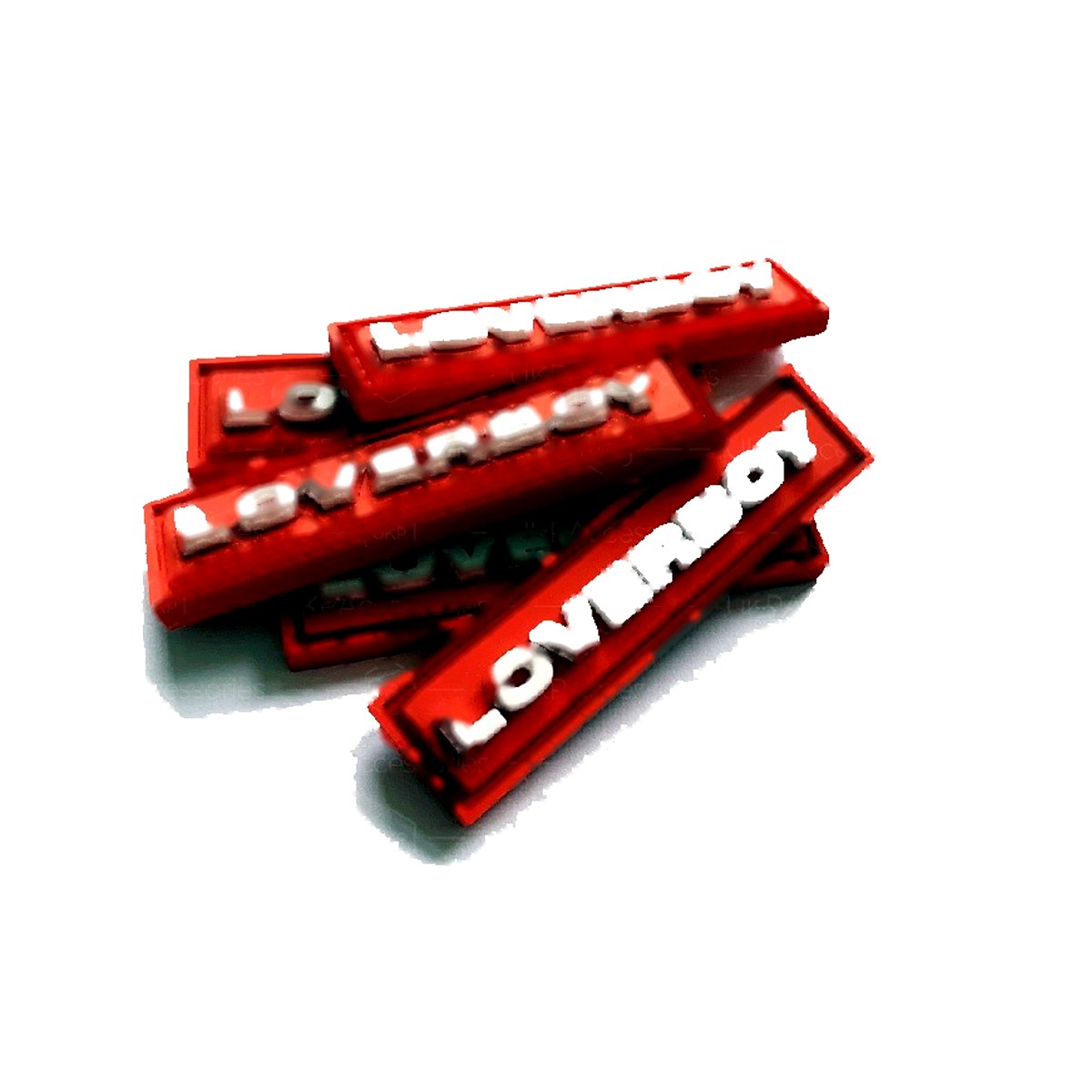 Red rectangular soft PVC labels with raised white moulded lettering