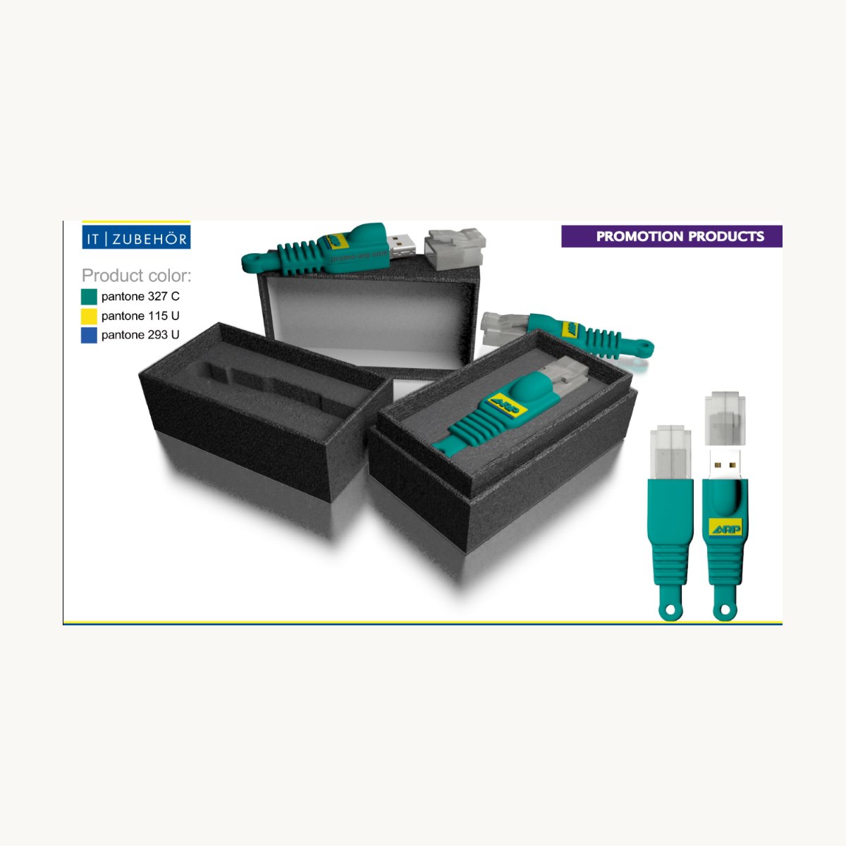 Printed presentation boxes shown with moulded PVC drives and colour references